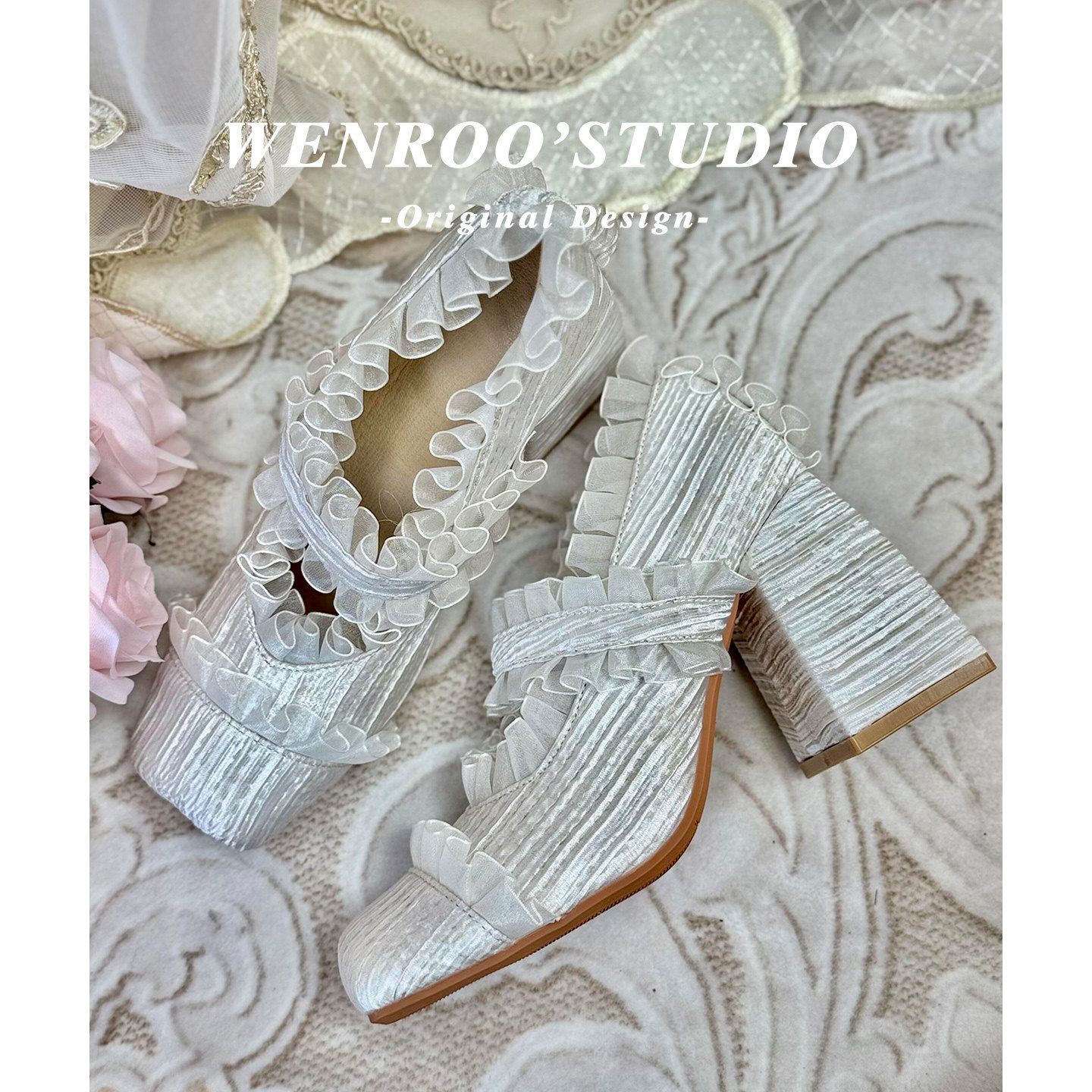 甜美蕾丝边芭蕾玛丽珍鞋女2026新款白色浅口粗跟方头Lolita高跟鞋