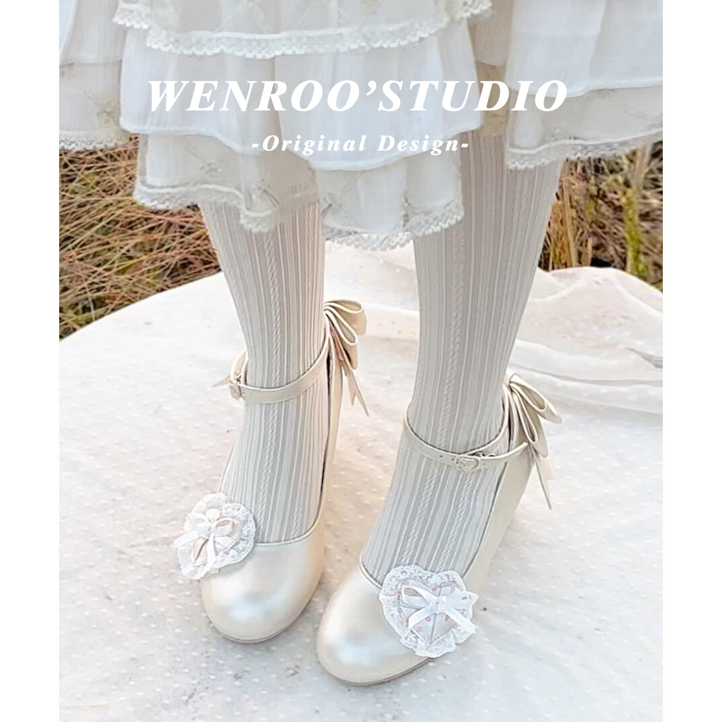 复古波点圆头坡跟高跟鞋女2026春季新款小众可拆卸爱心lolita单鞋