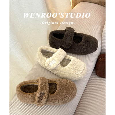 甜美加绒魔术贴玛丽珍毛毛鞋外穿