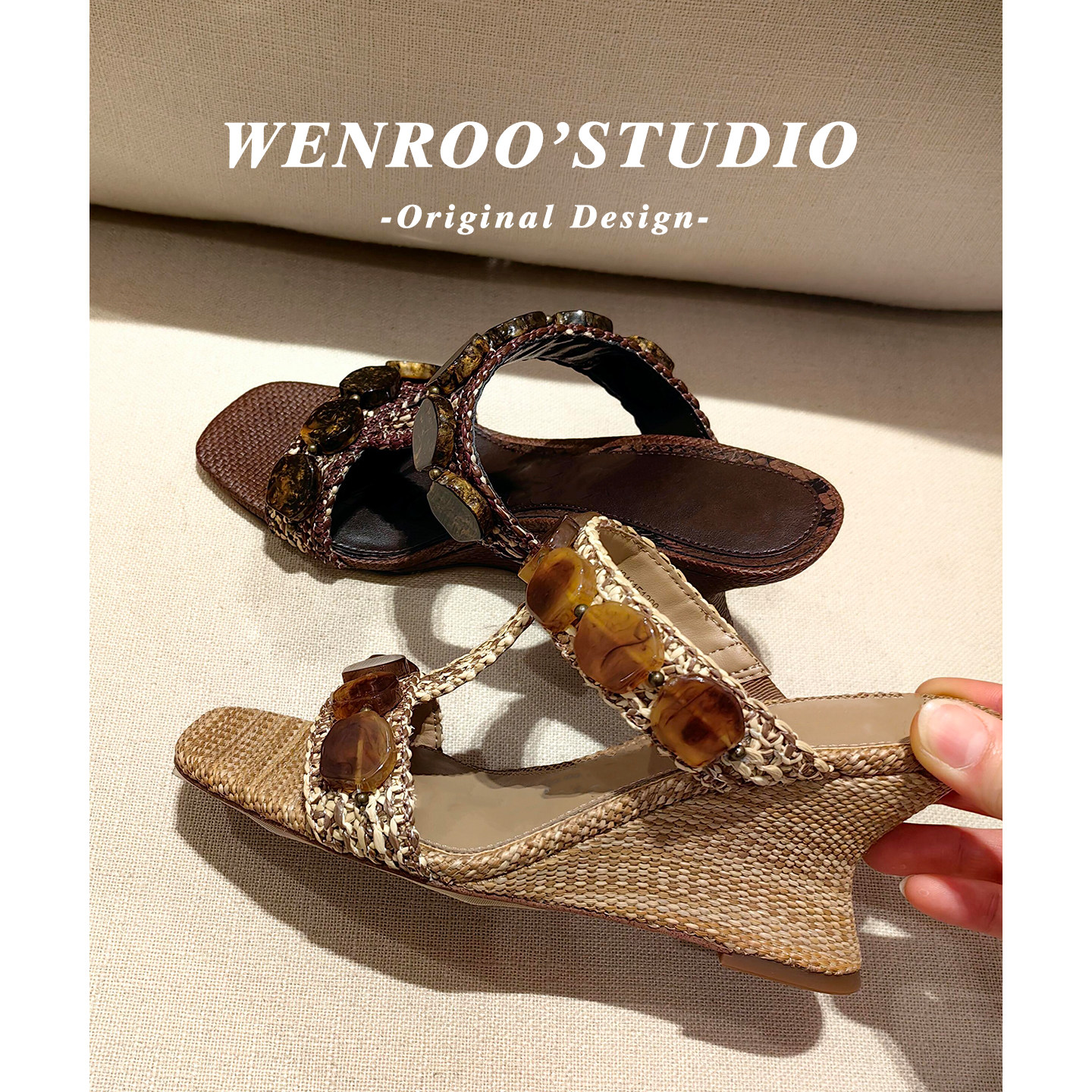 波西米亚水钻编织一字坡跟凉鞋女夏外穿2026新款咖色复古高跟拖鞋
