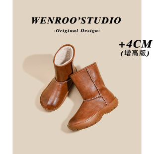 美拉德棕色加绒短筒雪地靴女2026冬季 复古增高厚底毛毛西部靴 新款