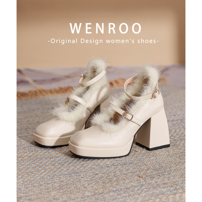 法式杏色防水台毛毛高跟鞋女粗跟