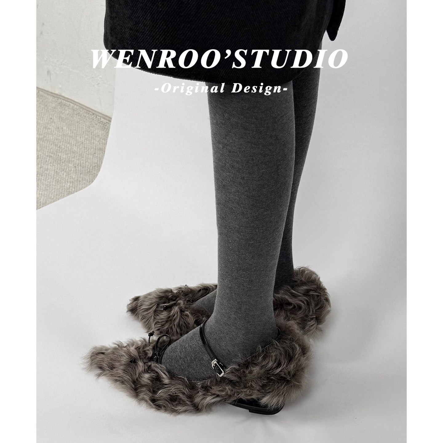 复古咖色毛毛尖头异型跟玛丽珍单鞋女2025秋冬新款浅口加绒高跟鞋