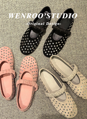 复古波点水钻一字带芭蕾玛丽珍鞋女2026新款黑色绝美浅口平底单鞋