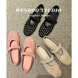 复古波点水钻一字带芭蕾玛丽珍鞋女2026新款黑色绝美浅口平底单鞋