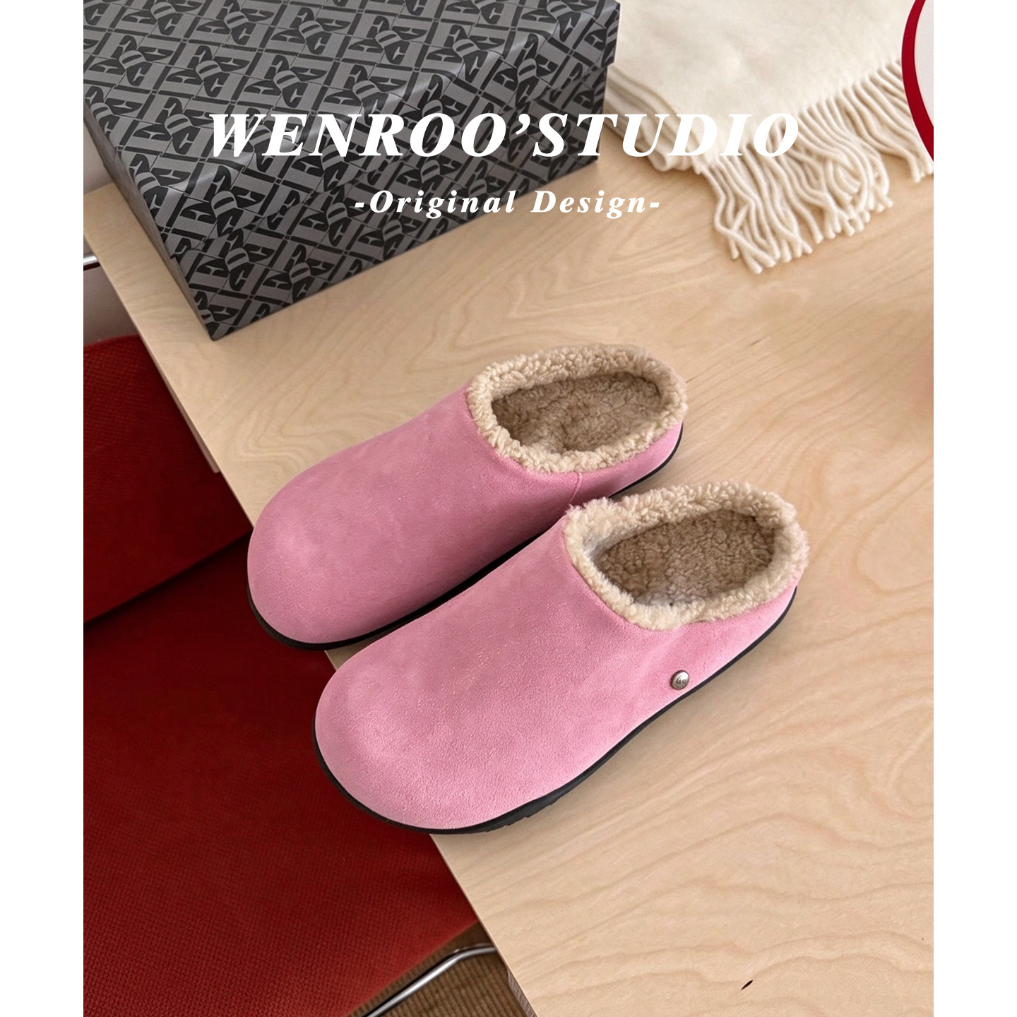 粉色一脚蹬加绒勃肯鞋女秋冬外穿