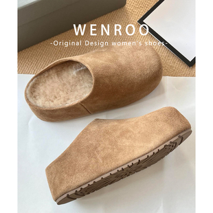 复古增高厚底毛毛勃肯鞋女外穿2026秋冬新款棕色加绒包头半拖棉鞋