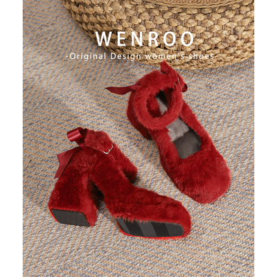 法式水貂毛加绒粗跟婚鞋新娘鞋女
