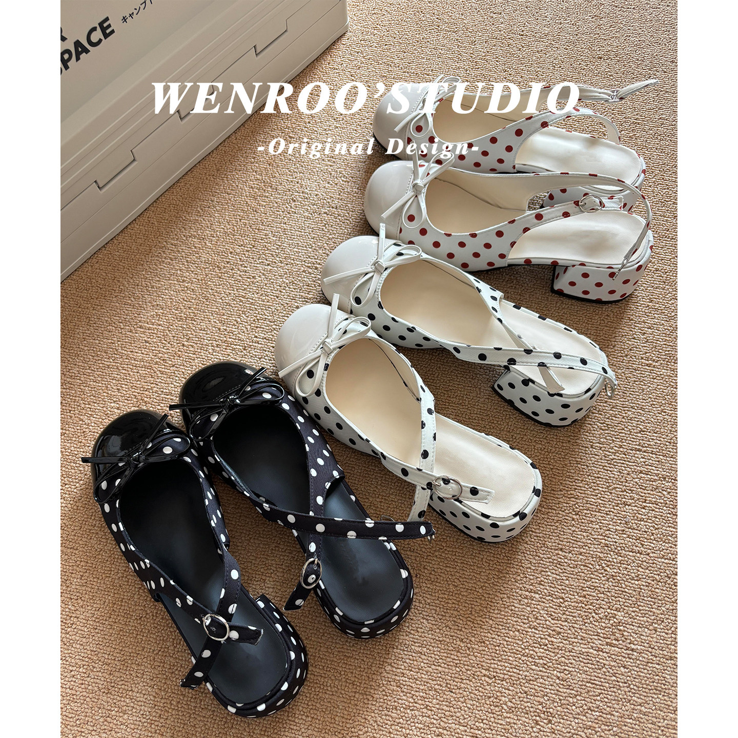 白色波点后绊带粗跟法式小凉拖女2026夏季新款复古蝴蝶结高跟凉鞋