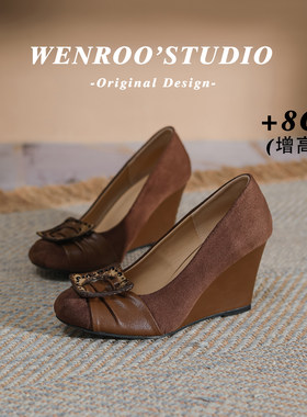 咖色复古打孔方扣坡跟单鞋女春季