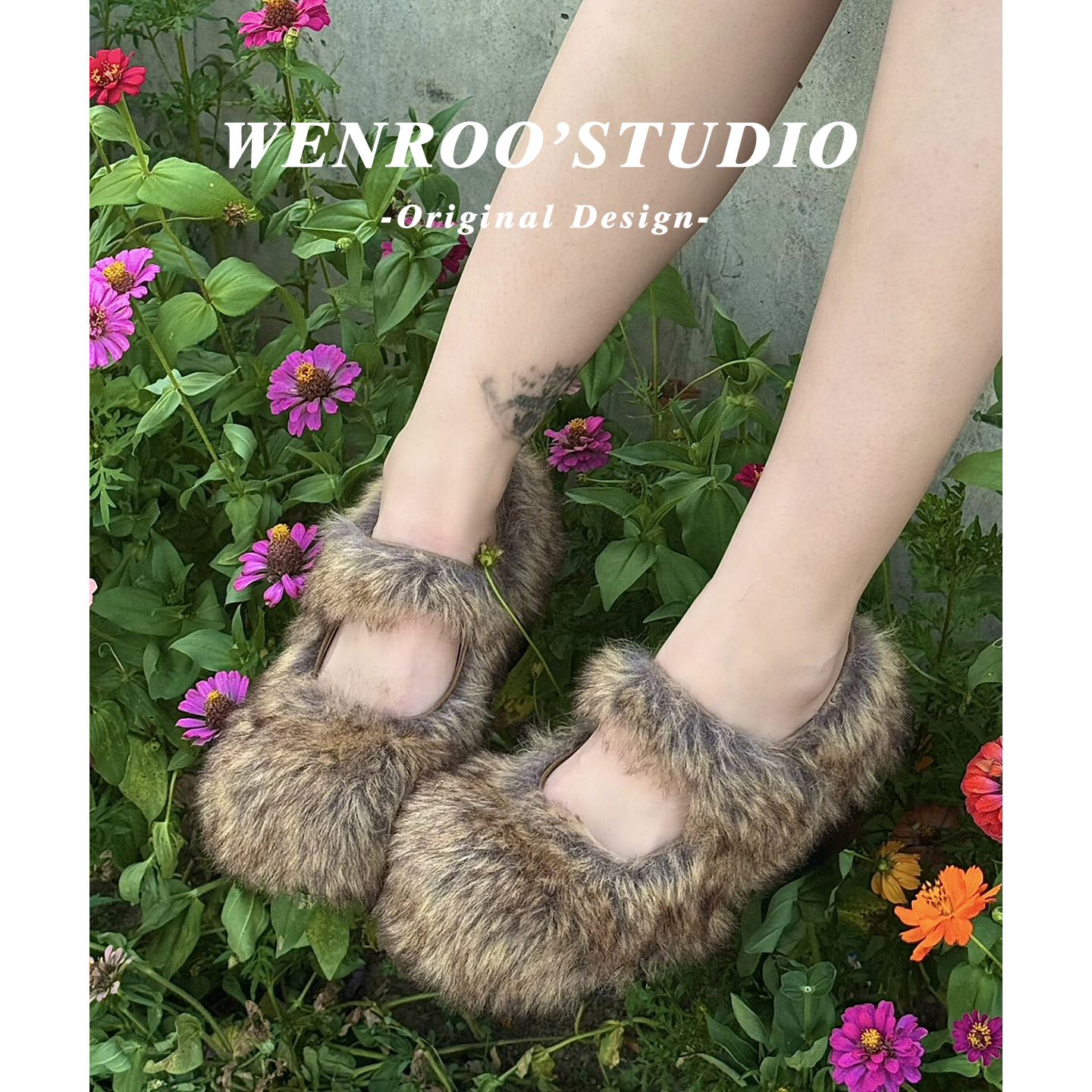 复古棕色魔术贴粗跟玛丽珍毛毛鞋