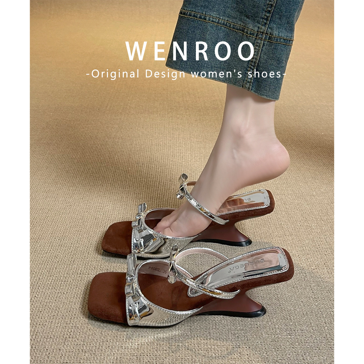 法式银色蝴蝶结露趾坡跟凉鞋女夏季外穿2025新款气质绝美高跟拖鞋