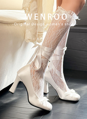 甜美两穿绑带粗跟Lolita高跟鞋女2025秋季新款白色蝴蝶结浅口单鞋