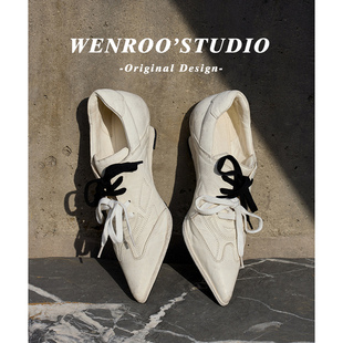 尖头运动风系带坡跟深口拳击休闲鞋女春2026新款白色休闲德训单鞋