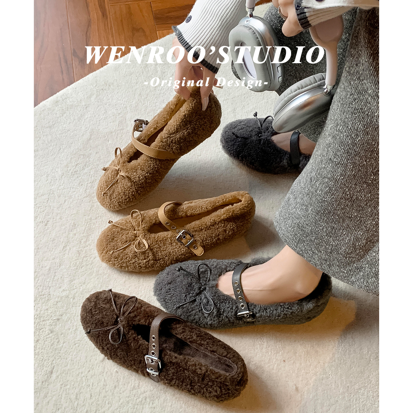 复古扣带蝴蝶结平底玛丽珍毛毛鞋