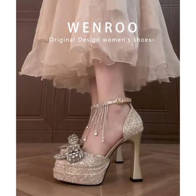 法式蝴蝶结防水台粗跟新娘婚鞋女