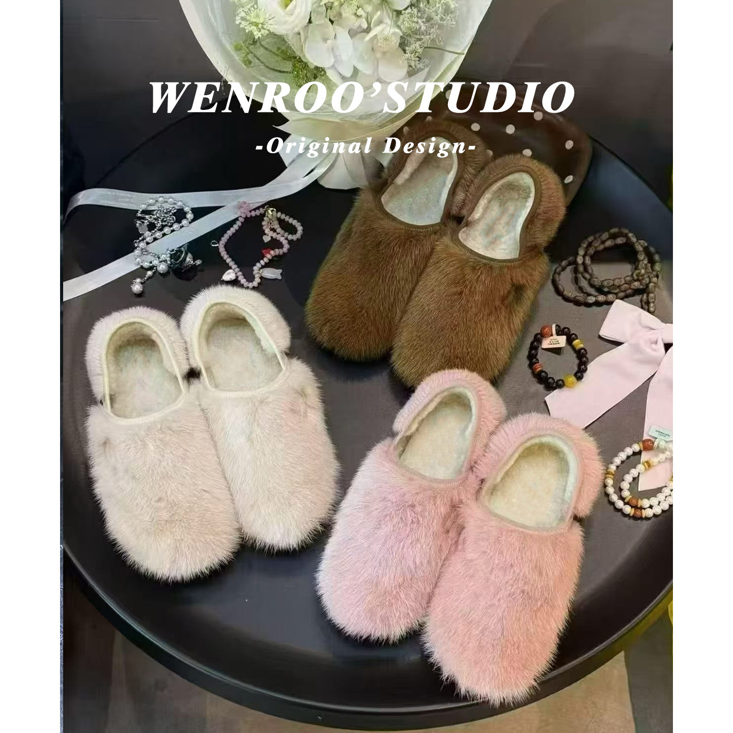 水貂毛全包加绒博肯鞋女秋冬外穿