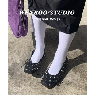 复古铆钉方头蝴蝶结黑色芭蕾舞鞋女2026春季新款法式浅口平底单鞋