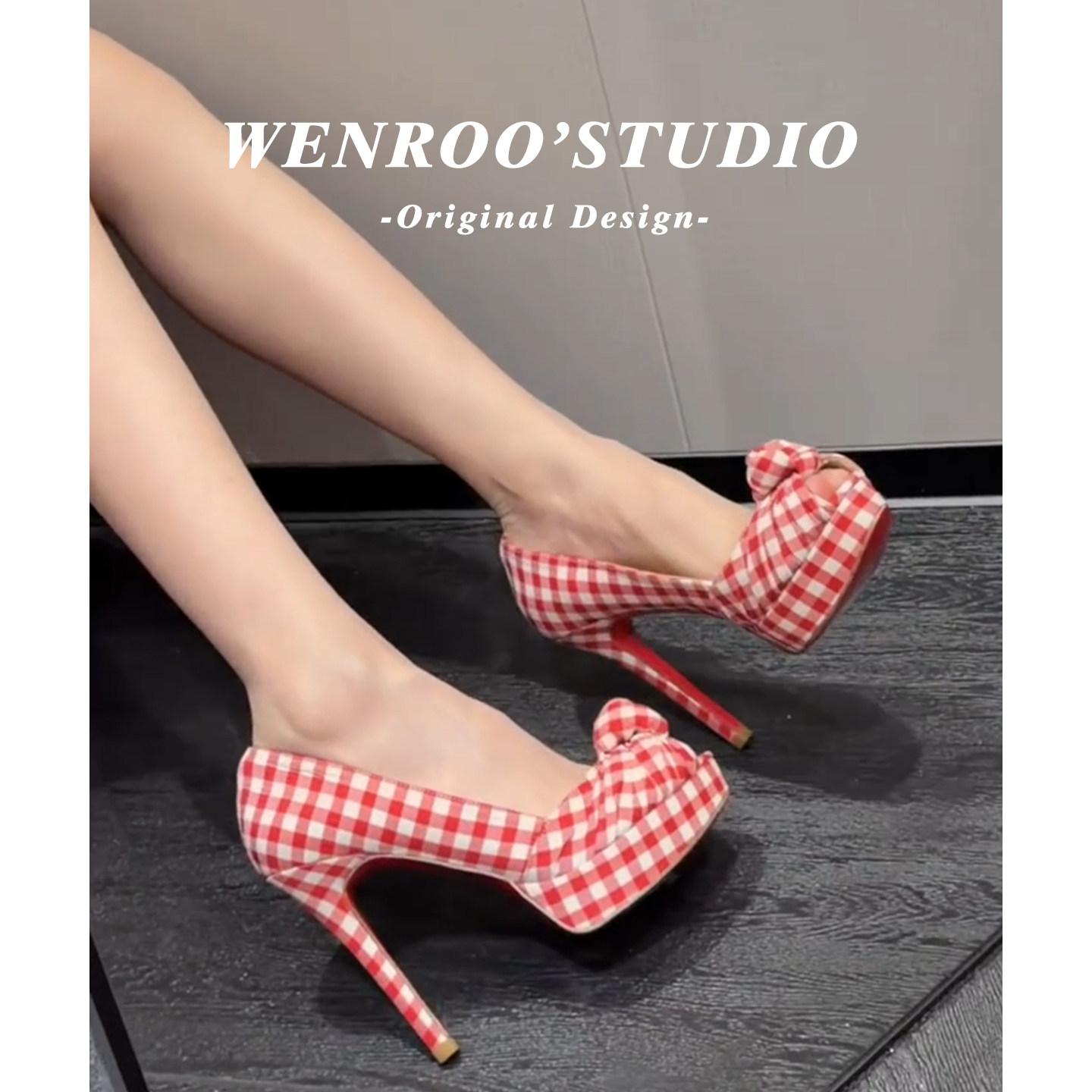法式粉色格子防水台鱼嘴高跟鞋女细跟2026春夏新款绝美蝴蝶结单鞋