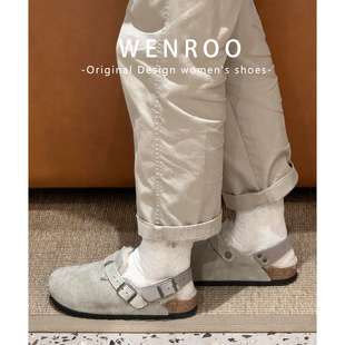 牛皮版！沙色厚底加绒后绊带勃肯鞋女秋冬季外穿复古包头毛毛拖鞋