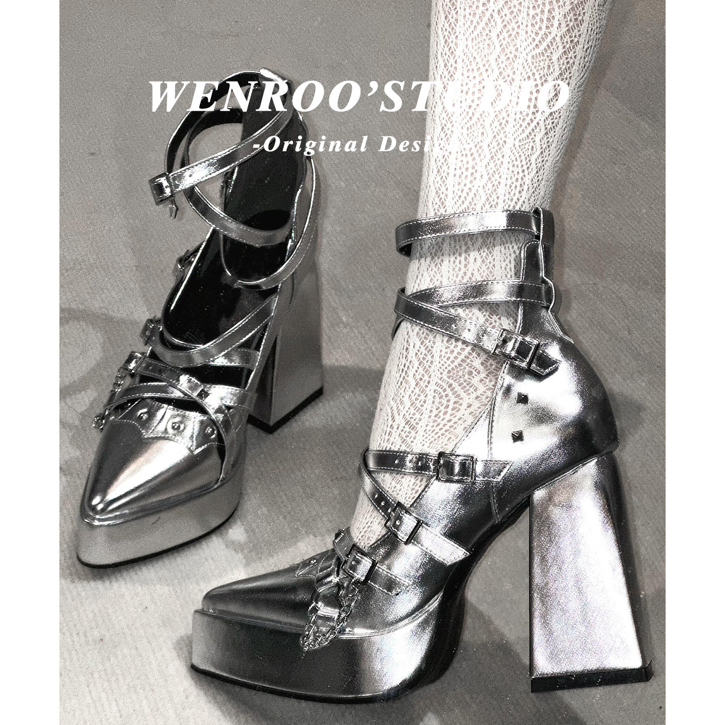 法式银色交叉扣带玛丽珍高跟鞋女粗跟2026新款复古Lolita尖头单鞋