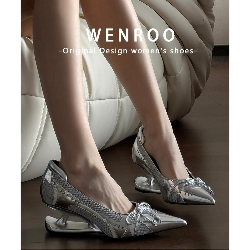 小众设计感网面蝴蝶结银色高跟鞋女2025秋季新款法式尖头浅口单鞋