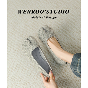 灰色浅口束带毛毛棉单鞋 小众加绒平底分趾芭蕾舞鞋 女2025秋冬新款