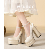 增高15CM礼服高跟鞋 女粗跟2025春季 新款 法式 防水台粗跟玛丽珍单鞋