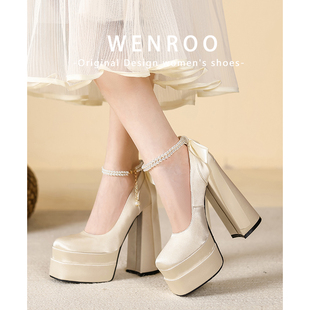 法式增高15CM礼服高跟鞋女粗跟2026春季新款防水台粗跟玛丽珍单鞋