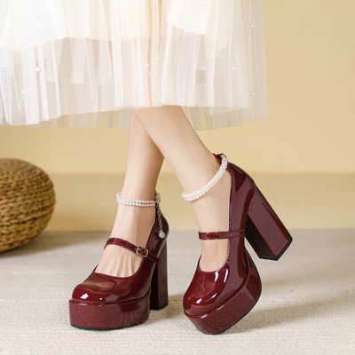 法式红色厚底玛丽珍婚鞋新娘鞋女
