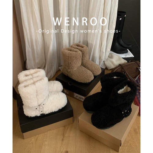 小众皮带扣厚底毛毛靴加绒雪地靴