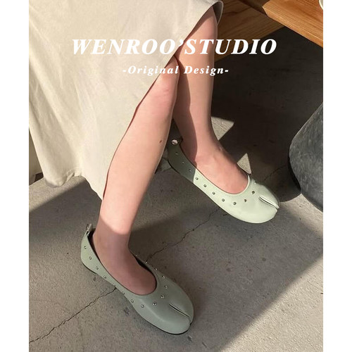 复古法式绿色分趾通勤鞋女2026