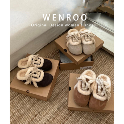 真皮系带休闲加绒包头棉半拖鞋女外穿2025冬季新款厚底毛毛勃肯鞋