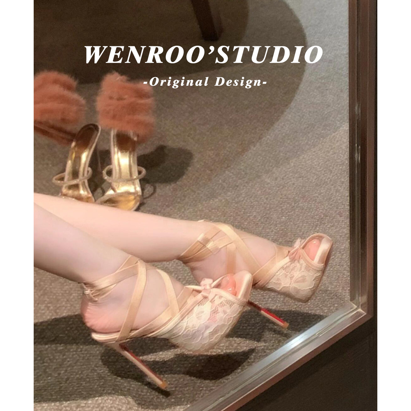 性感绑带蕾丝鱼嘴细跟凉鞋女夏2026新款宴会配裙子法式香槟高跟鞋