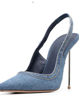 夏季欧美尖头高跟鞋金属跟后绊带浅口单鞋蓝色牛仔包头细跟凉鞋女