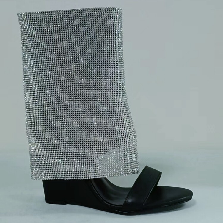 2023外贸新款露趾圆头一字带水钻坡跟超高跟欧美性感时尚烫钻凉靴