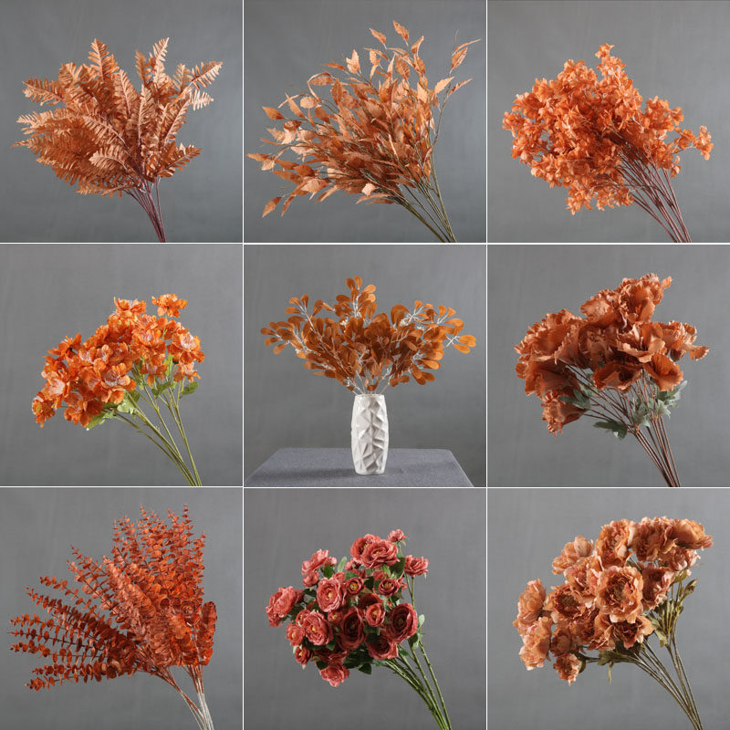 焦糖色仿真花婚庆咖色花材婚礼地排花路引花秋色假花绢花吊顶花艺