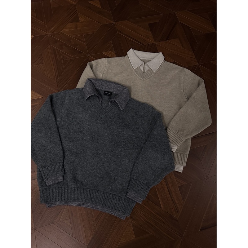 韩版复古假两件v领翻领毛衣cleanfit高级针织衫上衣慵懒风外套男