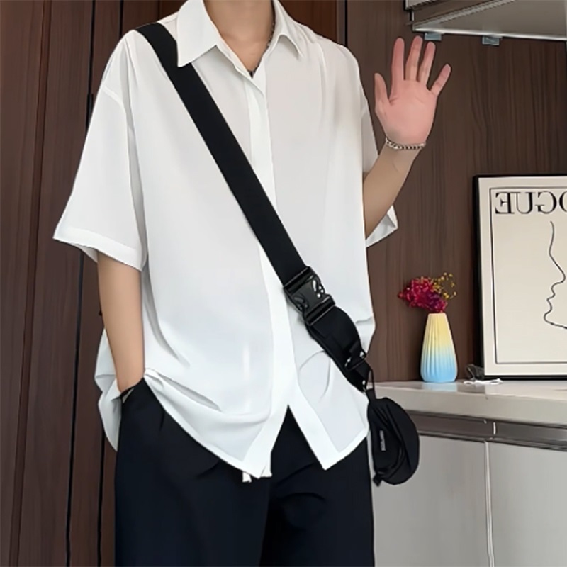 黑色冰丝衬衫短袖男款夏季dk冷淡