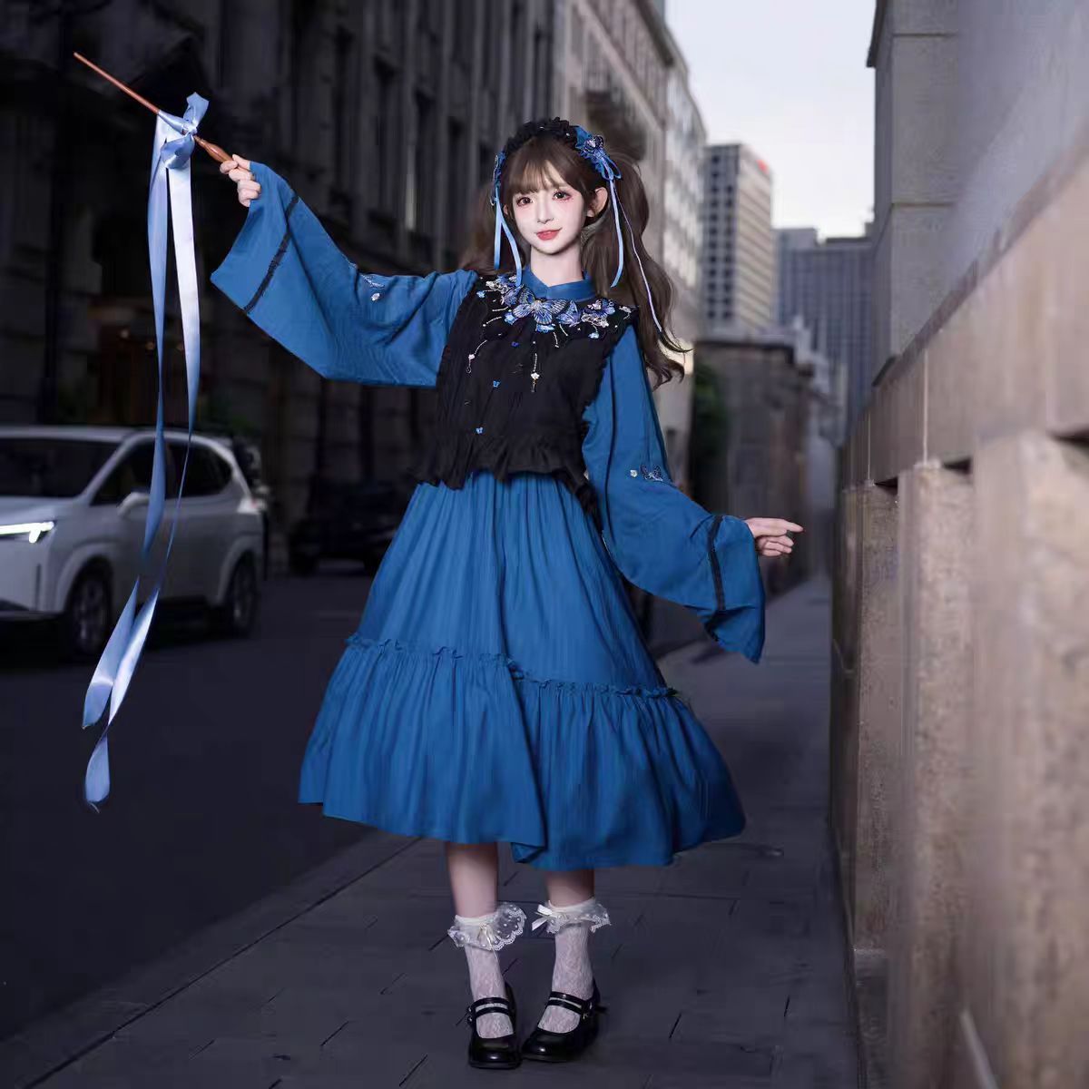 租汉服元素中式长短比甲连衣裙