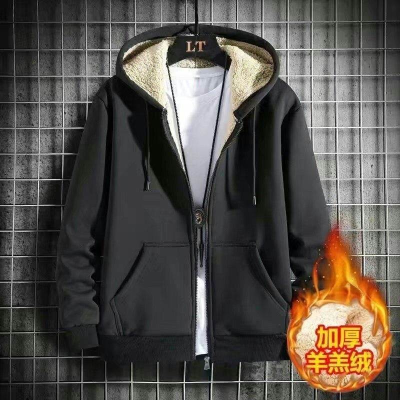 클리어런스 픽업 플러스 벨벳 짙어지기 루즈한 대형 솔리드 컬러 카디건 후드 지퍼 스웨트 셔츠 남성용 양고기 벨벳 웜 자켓