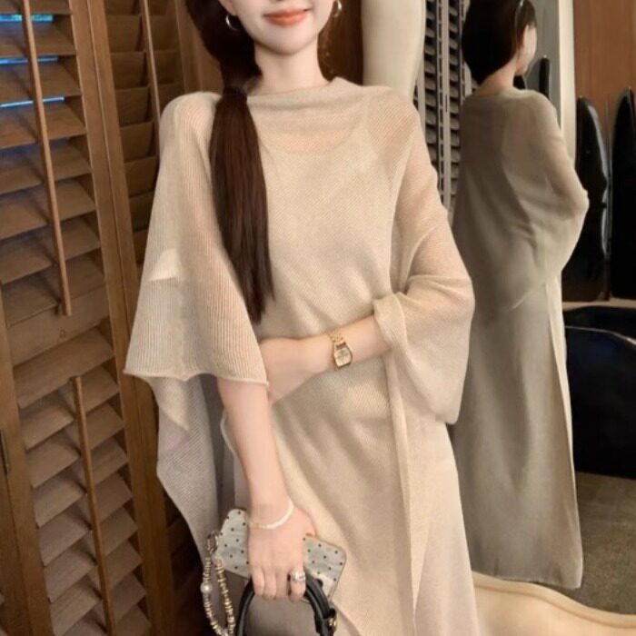 慵懒风不规则微透针织罩衫披肩上衣女装夏季气质吊带连衣裙两件套