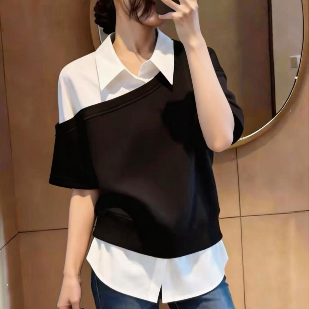 假两件衬衫拼接短袖卫衣女款夏季大码胖mm显瘦polo领T恤上衣