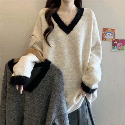 慵懒风灰色V领正肩针织衫毛衣女2025冬大码胖mm马海毛中长款上衣