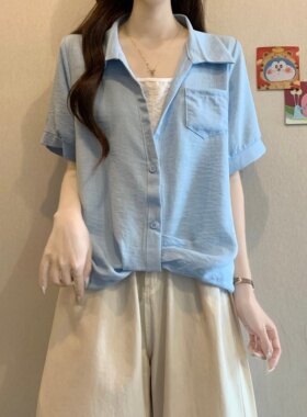 超火巨好看蓝色衬衫女装夏季2026新款大码胖mm假两件衬衣短袖上衣