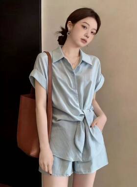 大码女装夏季胖mm显瘦遮肉时尚设计感系带短袖衬衫阔腿裤两件套装