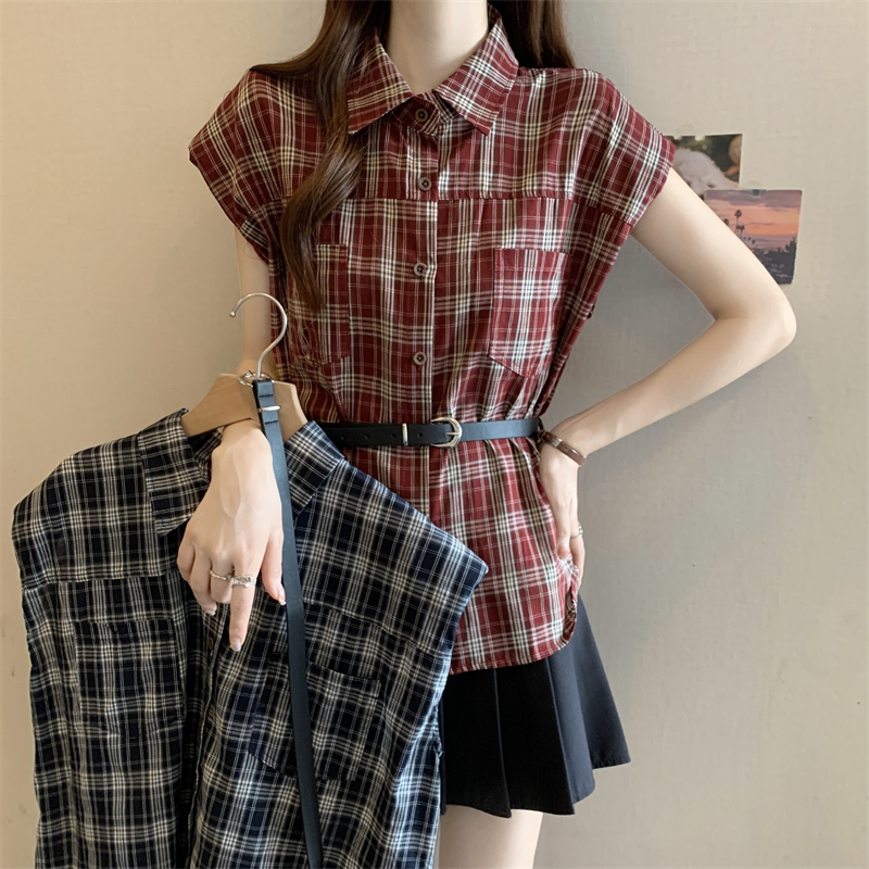 大码格子短袖衬衫女2025夏季大码胖mm时髦POLO领衬衣掐腰上衣