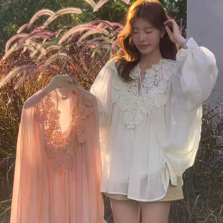 大码春季法式温柔风蕾丝衫女V领T恤
