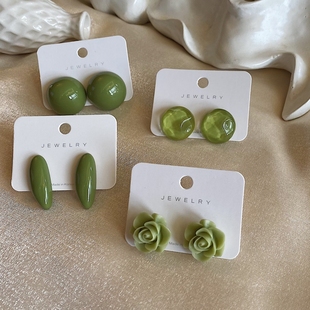 原创 ins博主复古莫兰迪亚克力925纯银针花朵水波耳钉 一抹茶绿