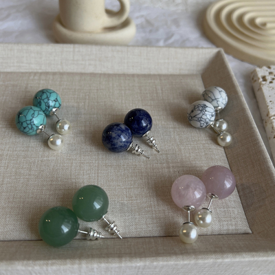 原创【碧山樱落】新中式天然玉石玛瑙圆珠耳环耳夹纯银简约耳钉女